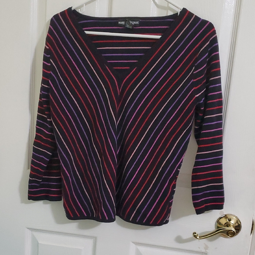 World Republic Retro 90s Black Striped V-Neck 3/4 Sleeves Silk Blend Sweater L
